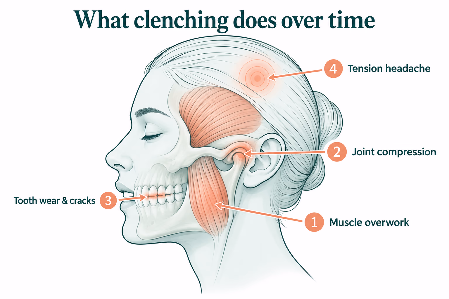 Diagram showing jaw clenching's progression from muscle overuse to joint compression, tooth wear, and tension headaches