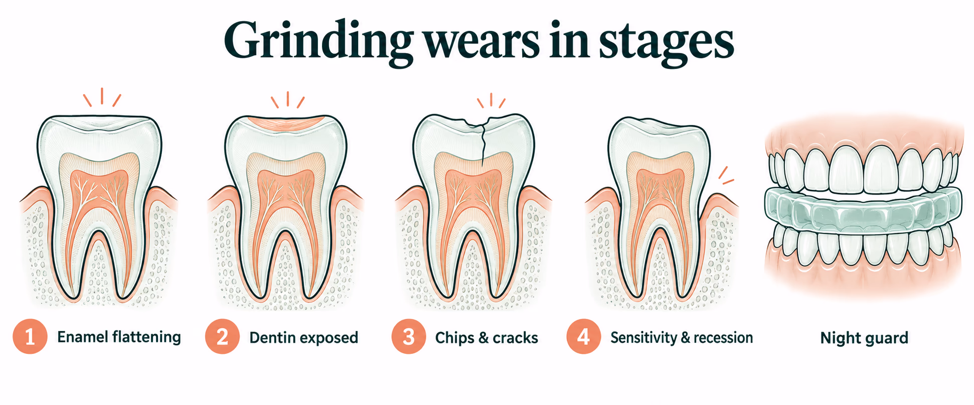 Four-panel illustration of a tooth wearing down in stages from grinding, with a custom oral appliance shown protecting the bite