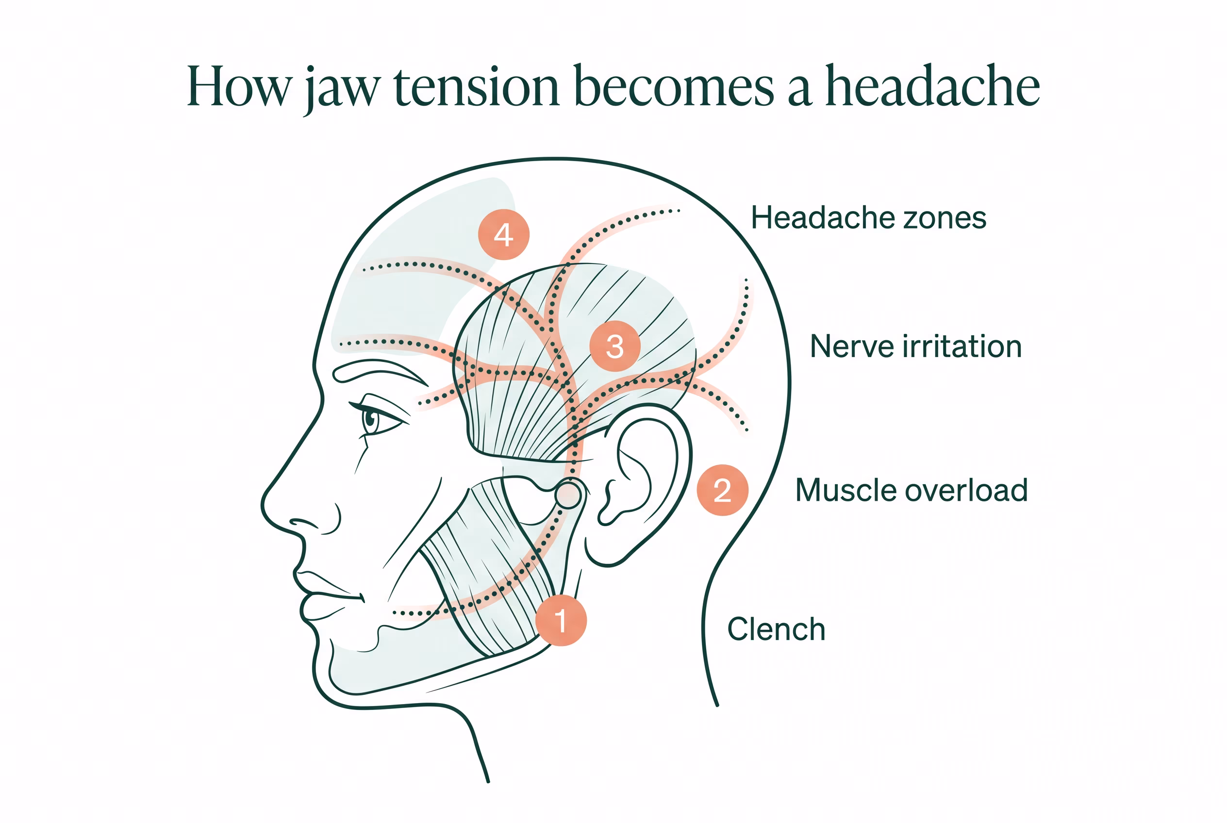 Diagram showing jaw muscle tension and nerve pathways that overlap with head pain areas such as the temple, forehead and behind the eye