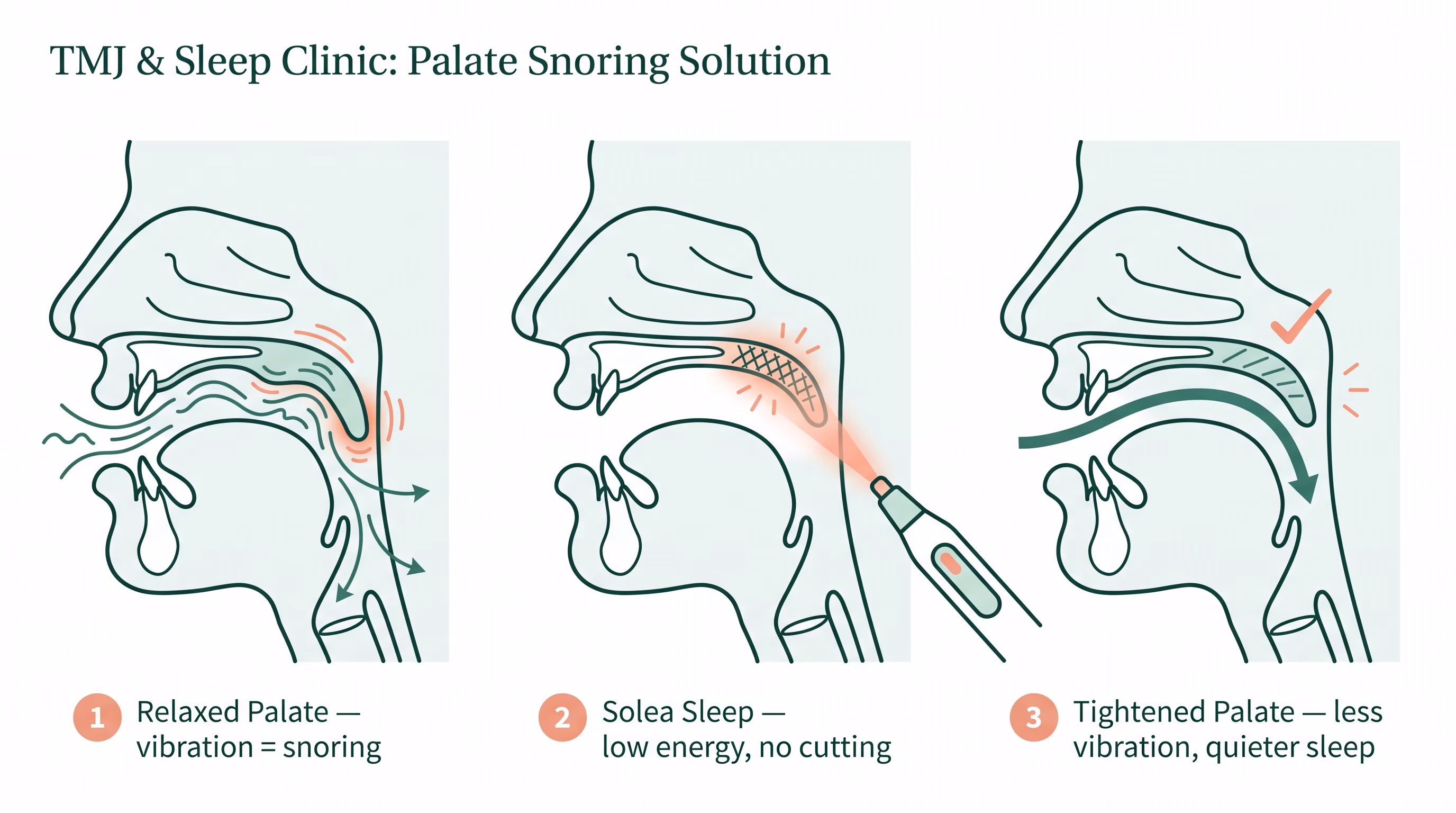Three panels showing a relaxed, vibrating soft palate, the Solea laser gently warming the tissue, and the tightened palate producing quieter airflow
