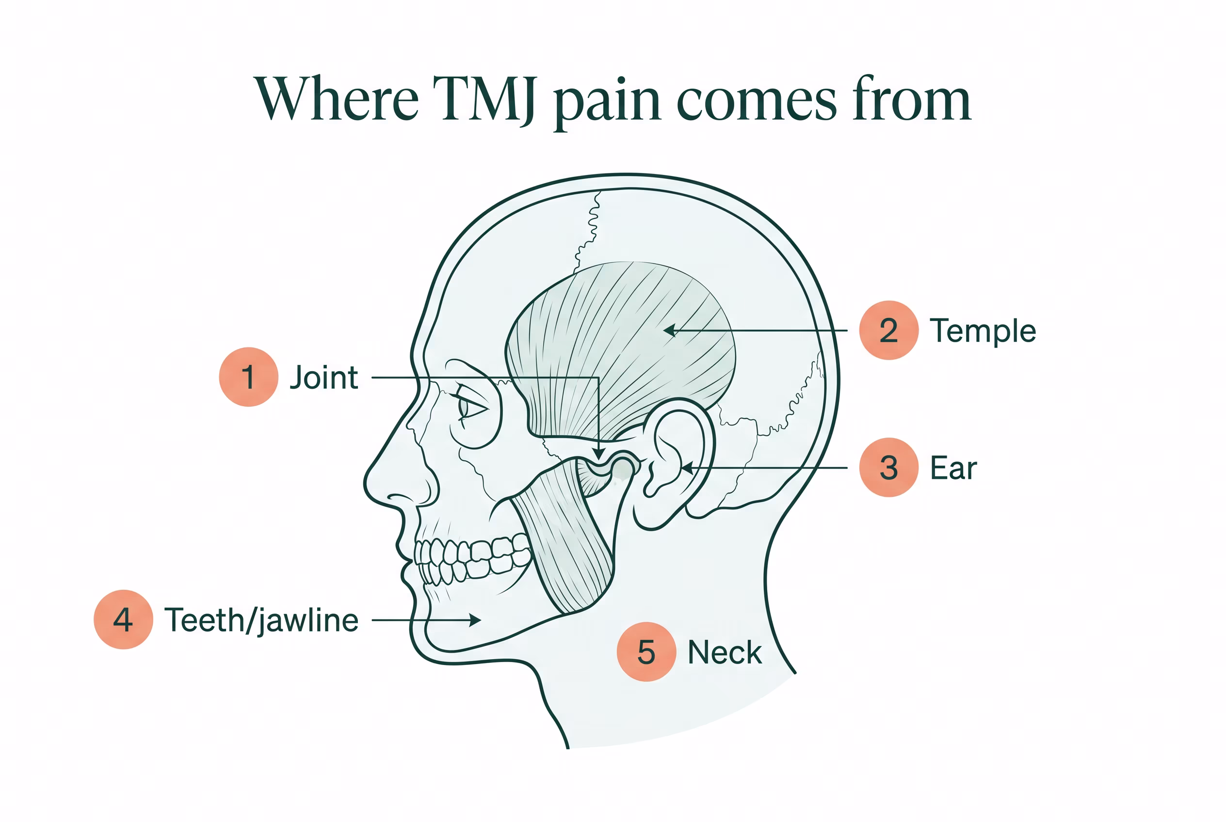Diagram of the temporomandibular joint and chewing muscles showing pain referred to the temple, ear, teeth and neck