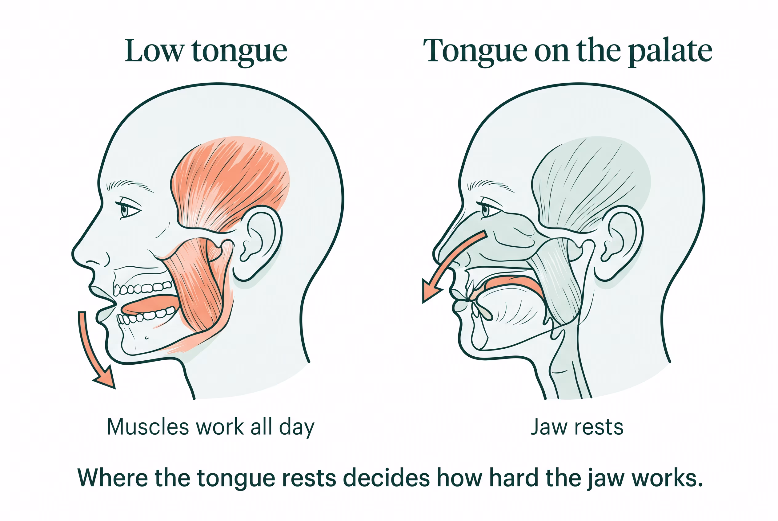 Diagram of two side profiles: a low tongue posture straining the jaw muscles, and the tongue resting on the palate letting the jaw relax
