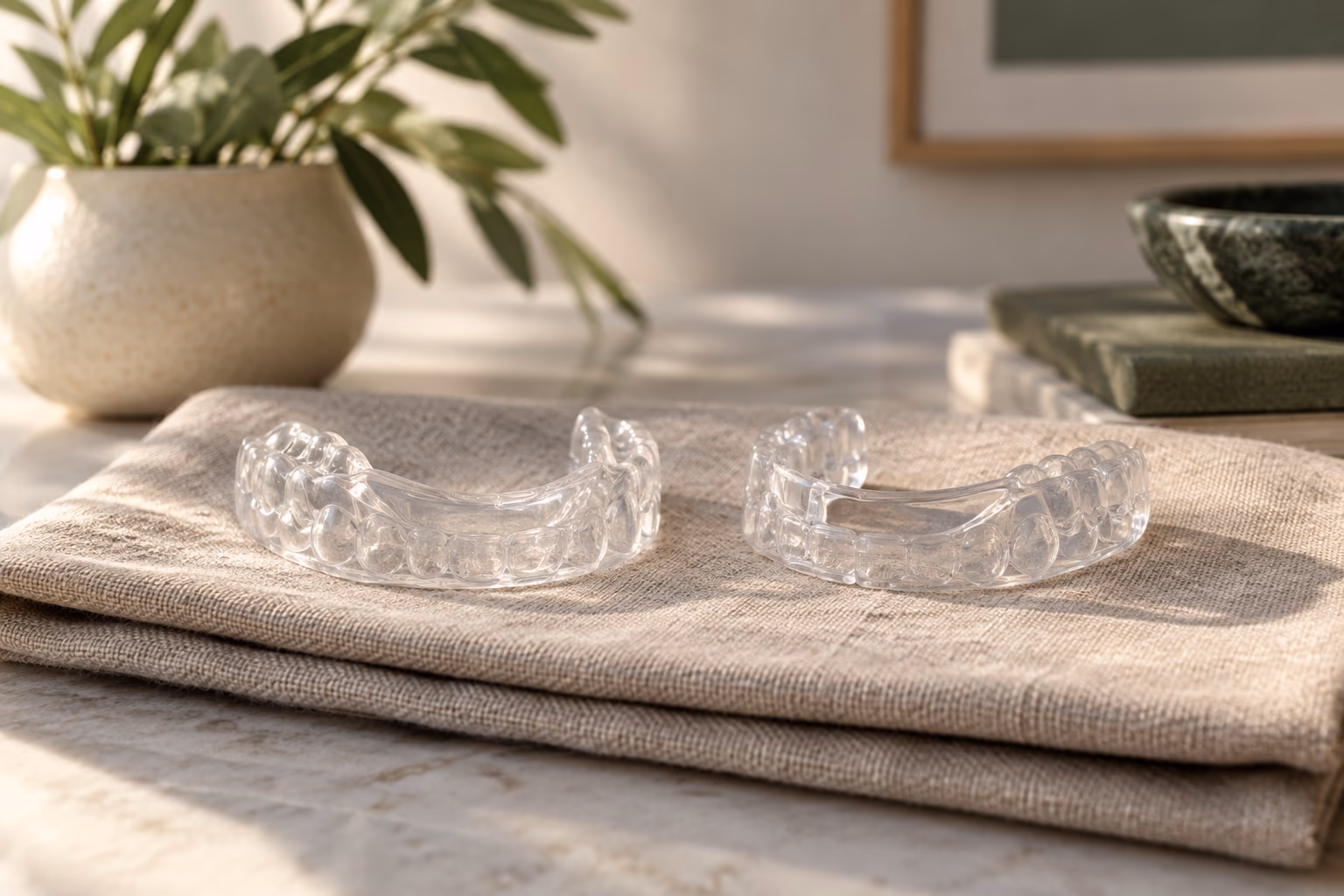 A day and a night custom oral appliance resting side by side on folded linen