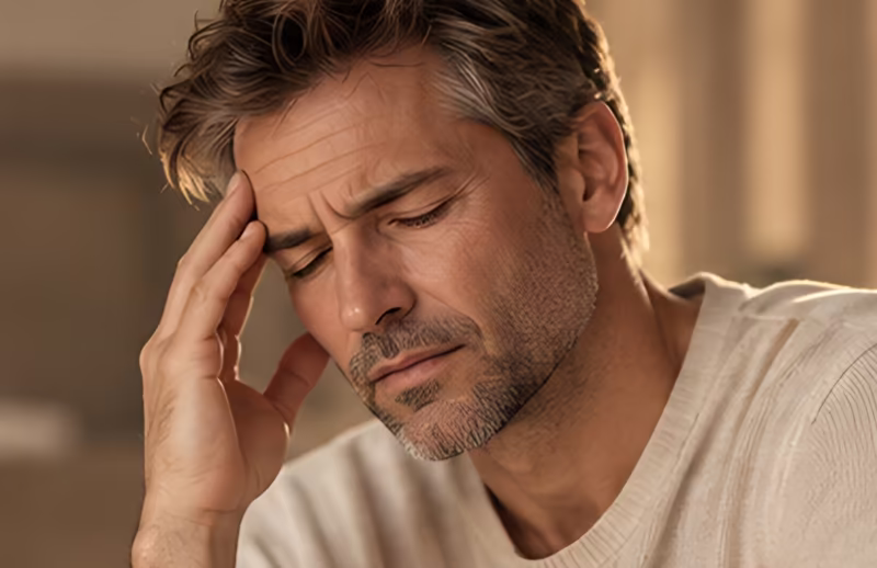 Man pressing his fingers to his temple during a headache