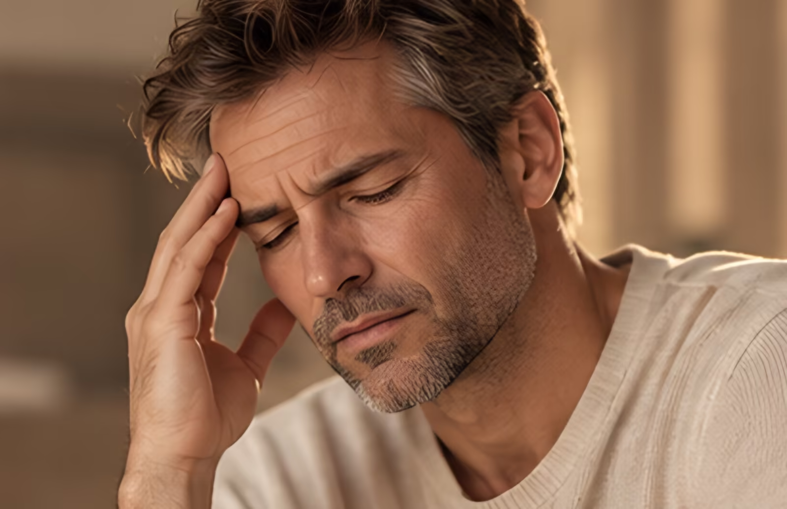 Man pressing his fingers to his temple during a headache