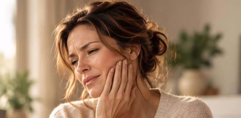 Woman pressing her hand to a sore jaw