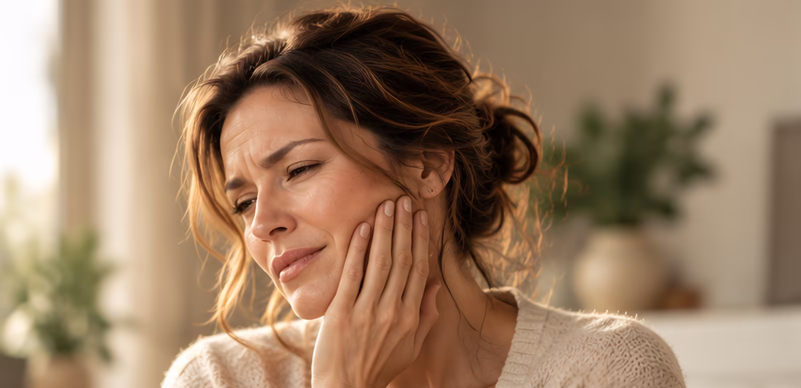 Woman resting her cheek in her hand, wincing from jaw pain