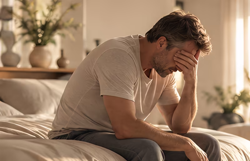 Man sitting on the edge of the bed, exhausted after a poor night's sleep